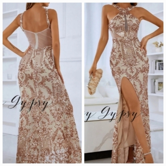 GLAMOROUS HIGH FASHION FORMAL CHAMPAGNE AND ROSE GOLD GOWN - Picture 1 of 12